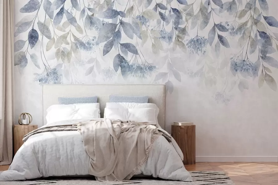 murais de parede folhas texturizadas e em cascata com flores em tons de azul e bege w05565v1