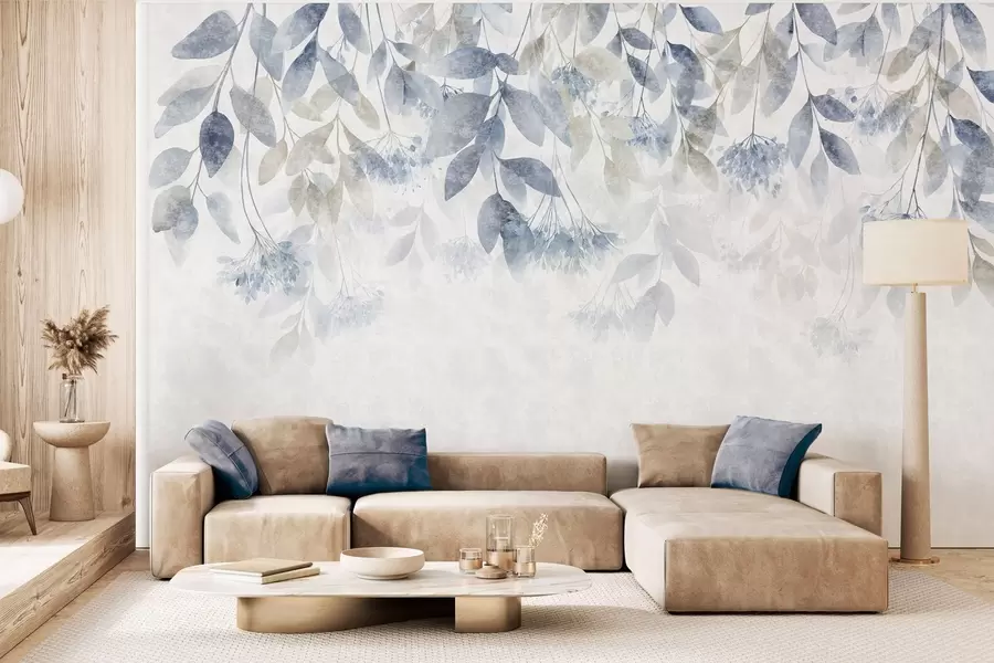 murais de parede folhas texturizadas e em cascata com flores em tons de azul e bege w05565v1
