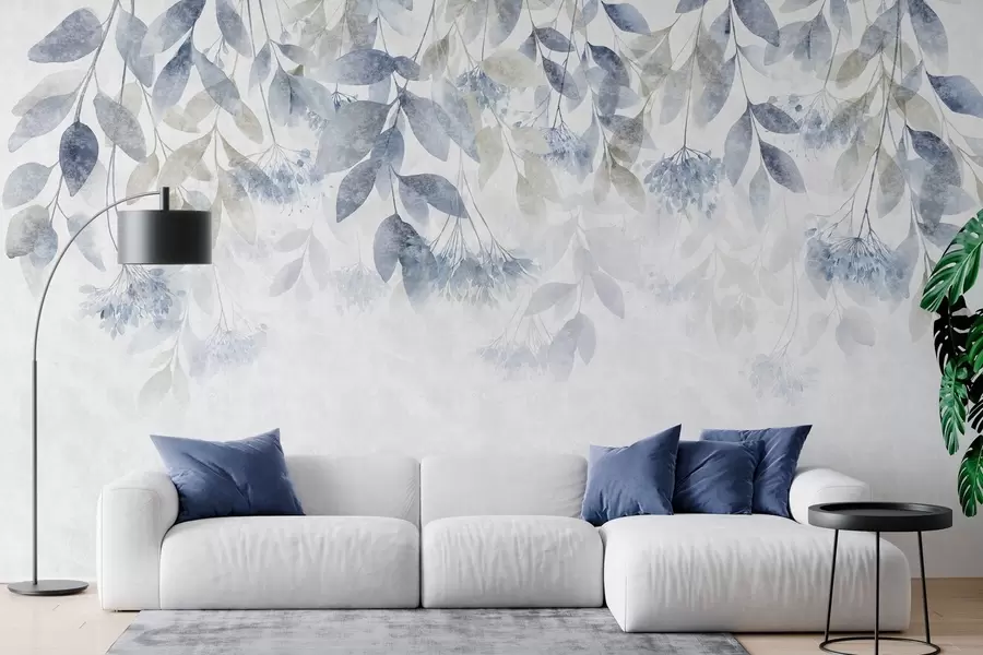 murais de parede folhas texturizadas e em cascata com flores em tons de azul e bege w05565v1