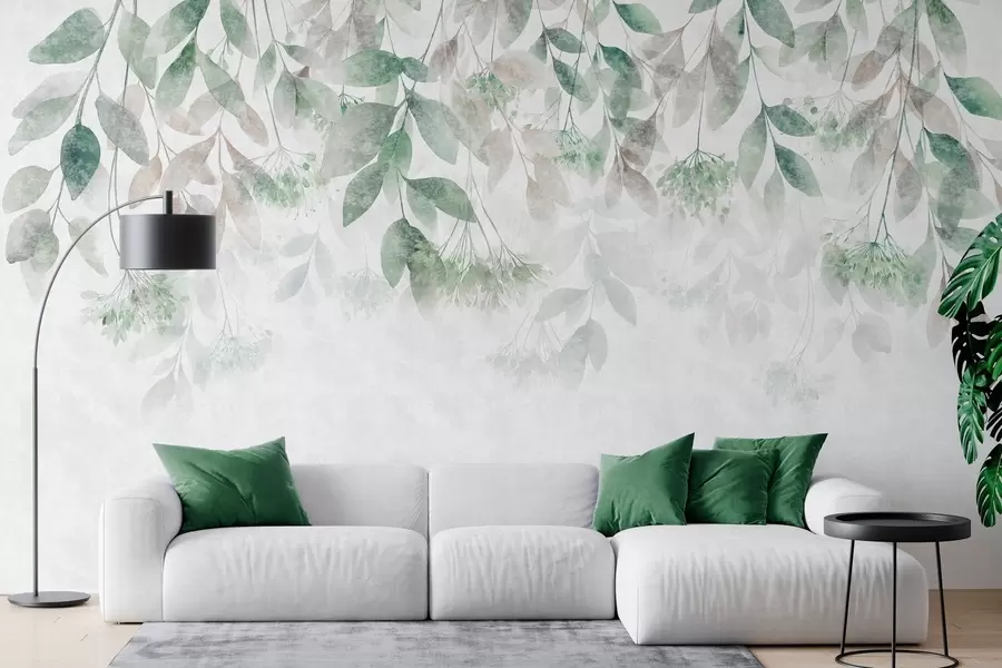 murais de parede folhas texturizadas e em cascata com flores em tons de verde e bege w05565v2