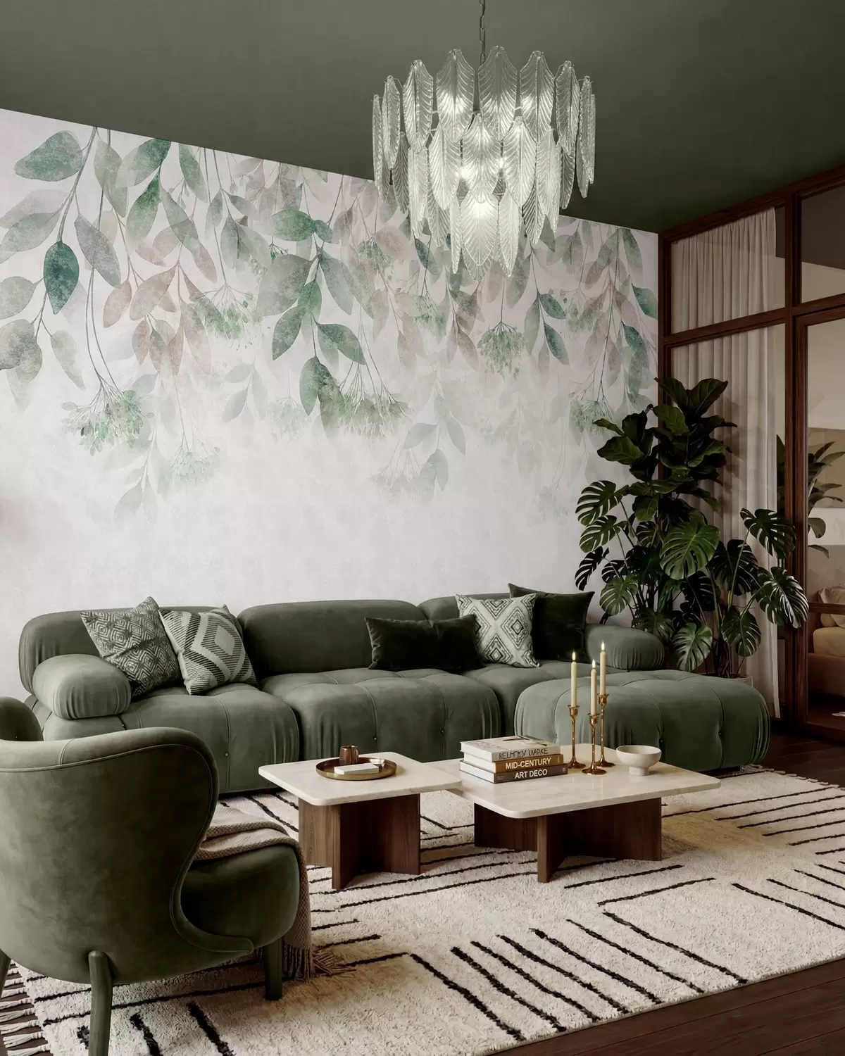 murais de parede folhas texturizadas e em cascata com flores em tons de verde e bege w05565v2