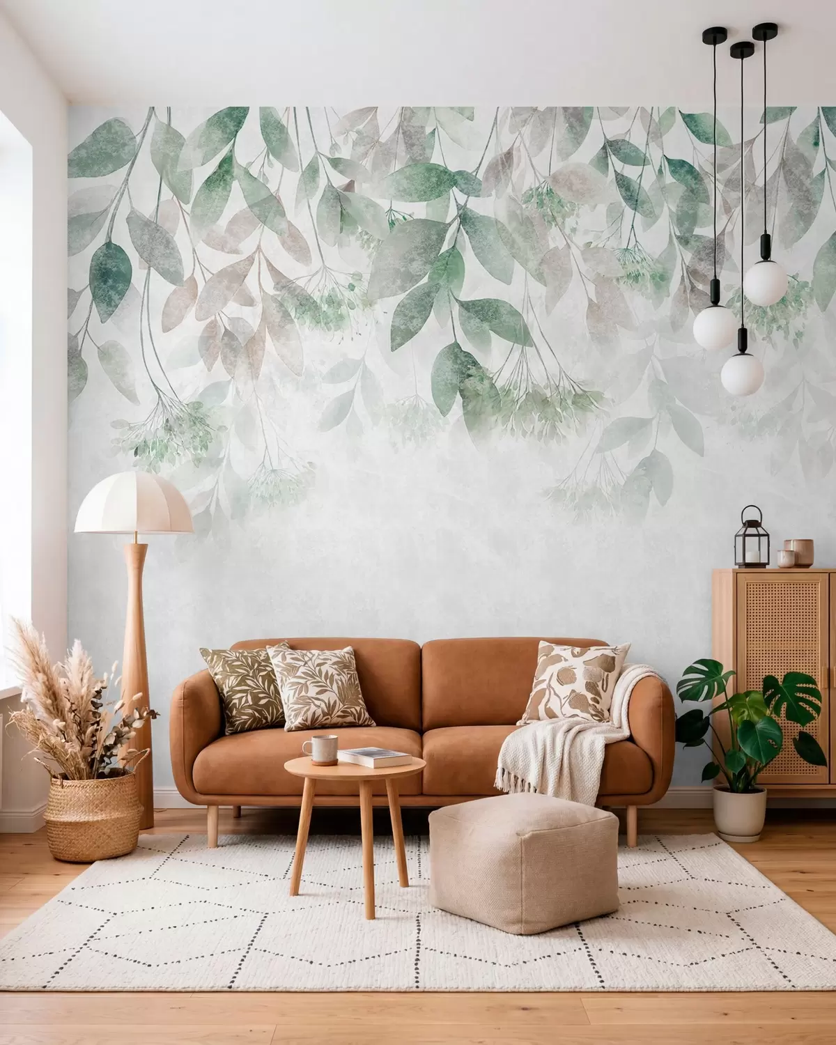 murais de parede folhas texturizadas e em cascata com flores em tons de verde e bege w05565v2