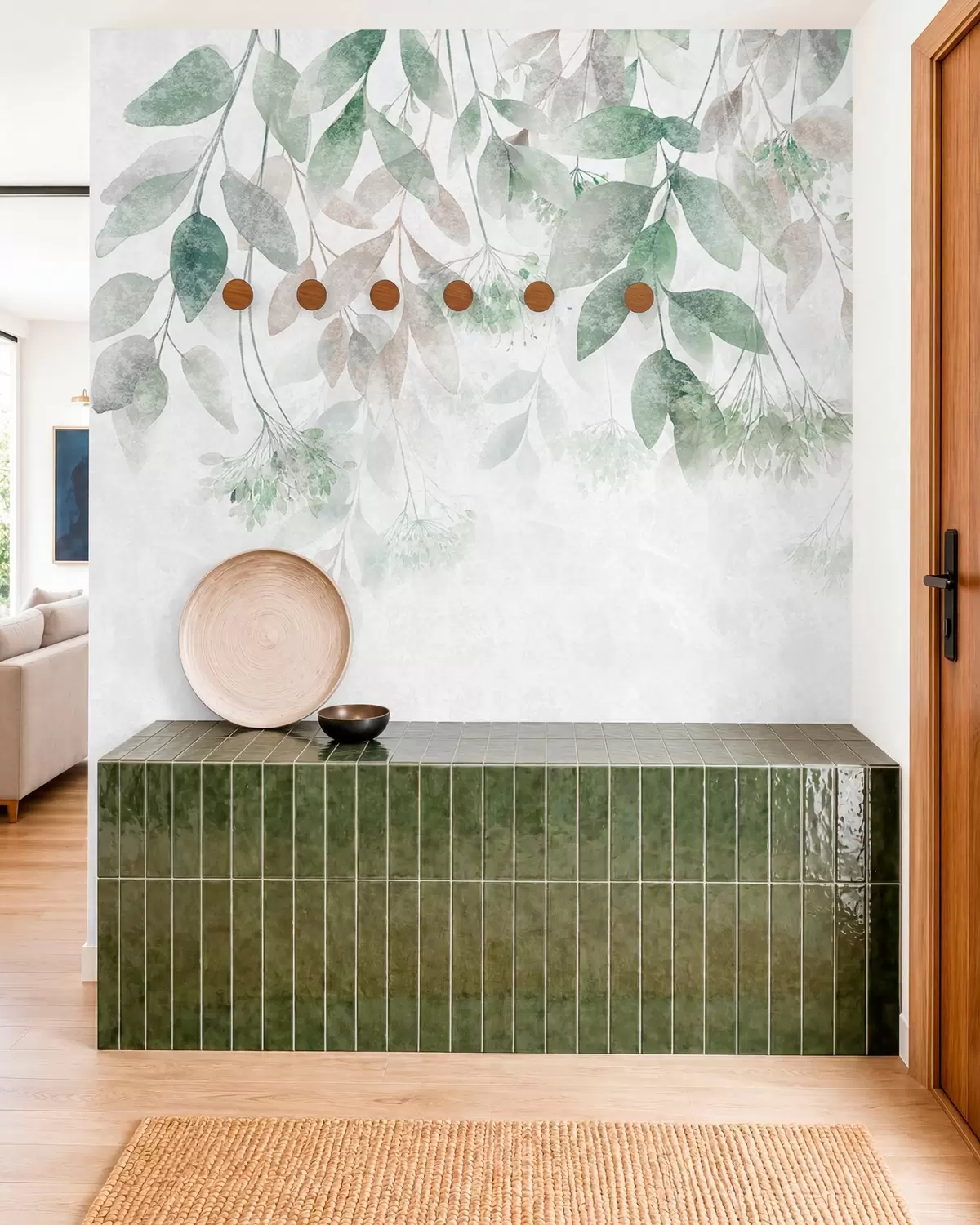 murais de parede folhas texturizadas e em cascata com flores em tons de verde e bege w05565v2