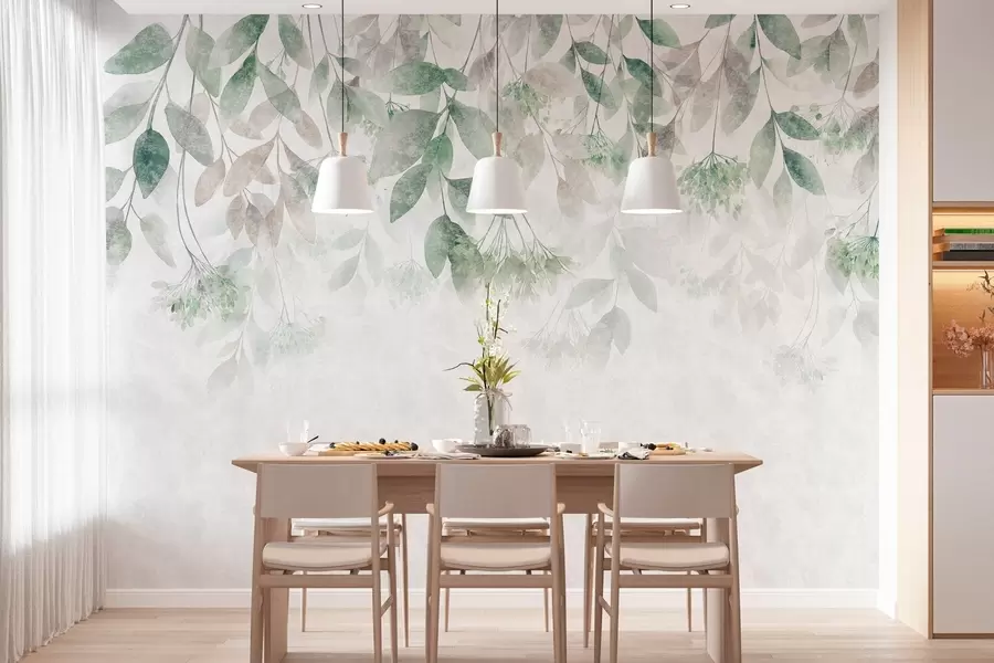 murais de parede folhas texturizadas e em cascata com flores em tons de verde e bege w05565v2