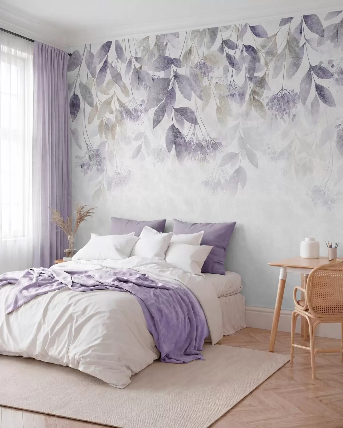 murais de parede folhas texturizadas e em cascata com flores em tons de roxo e bege w05565v3