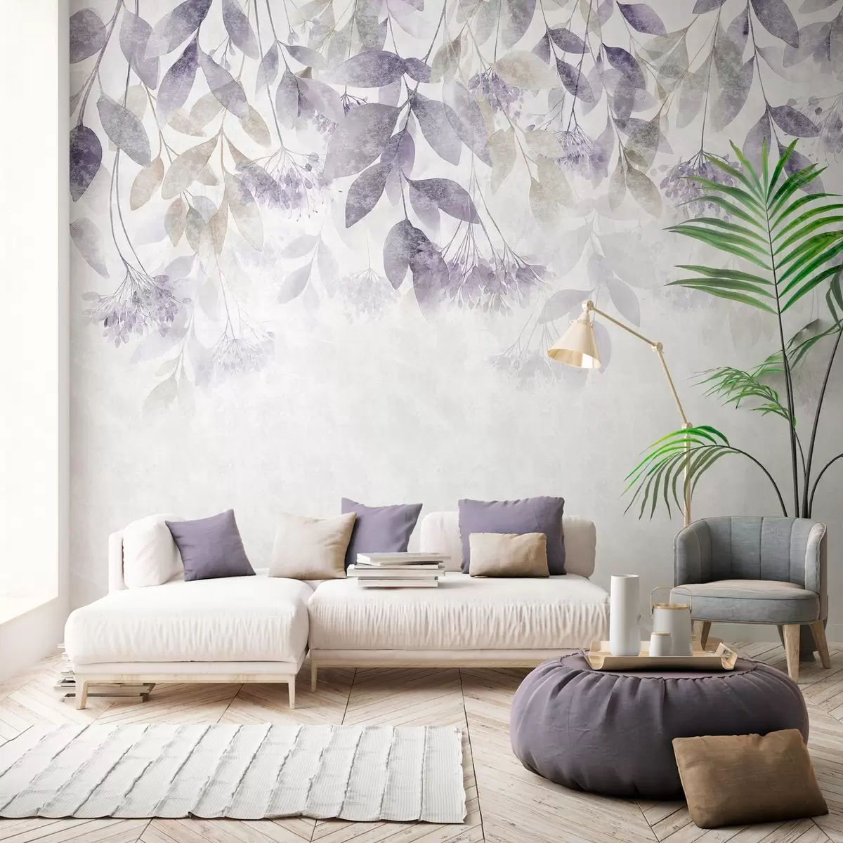 murais de parede folhas texturizadas e em cascata com flores em tons de roxo e bege w05565v3