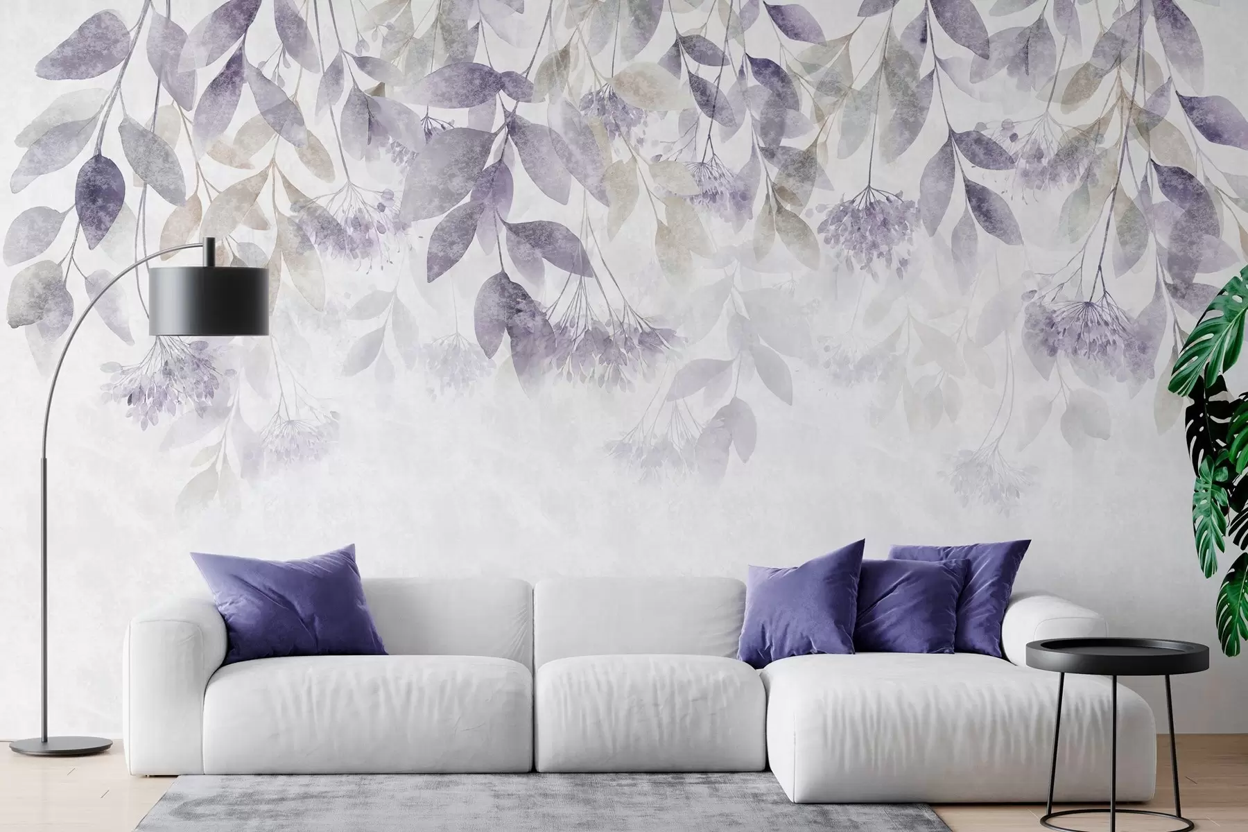 murais de parede folhas texturizadas e em cascata com flores em tons de roxo e bege w05565v3