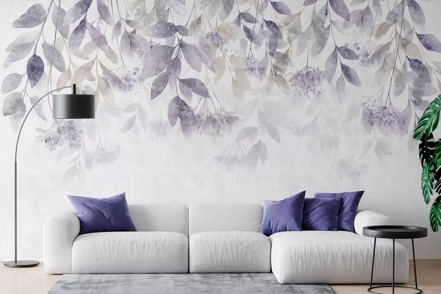 murais de parede folhas texturizadas e em cascata com flores em tons de roxo e bege w05565v3