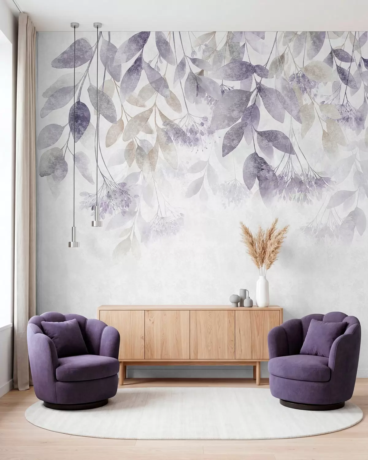 murais de parede folhas texturizadas e em cascata com flores em tons de roxo e bege w05565v3