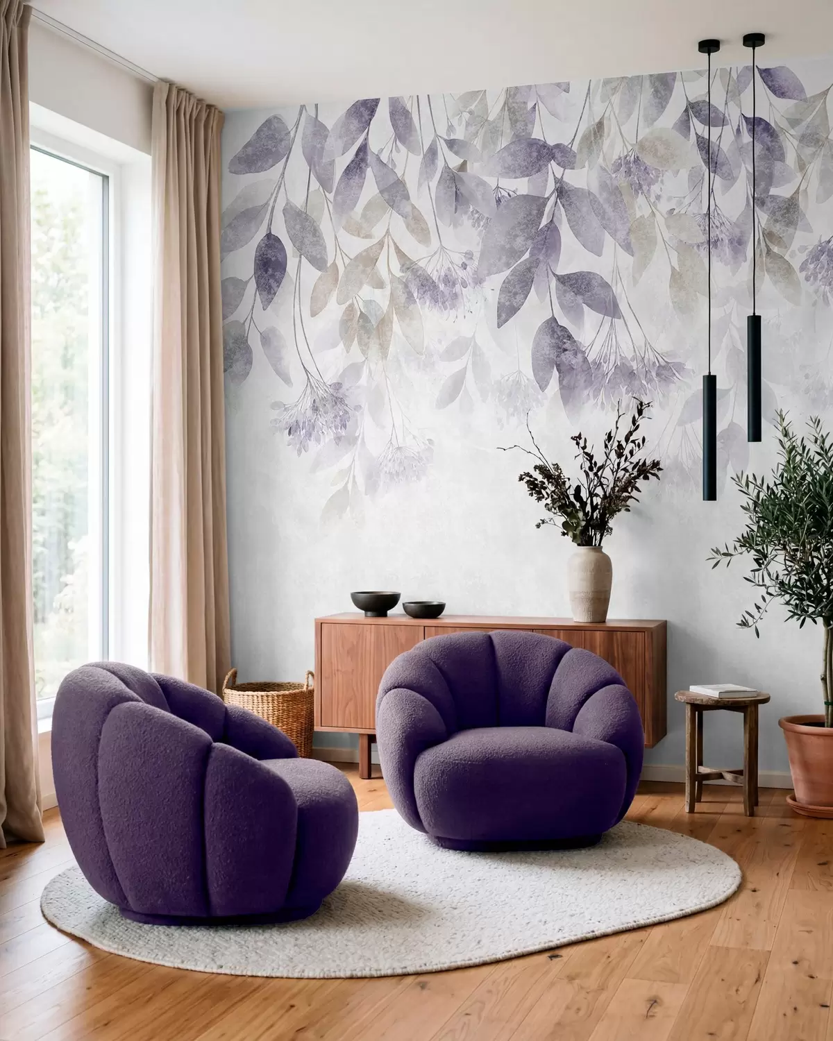 murais de parede folhas texturizadas e em cascata com flores em tons de roxo e bege w05565v3