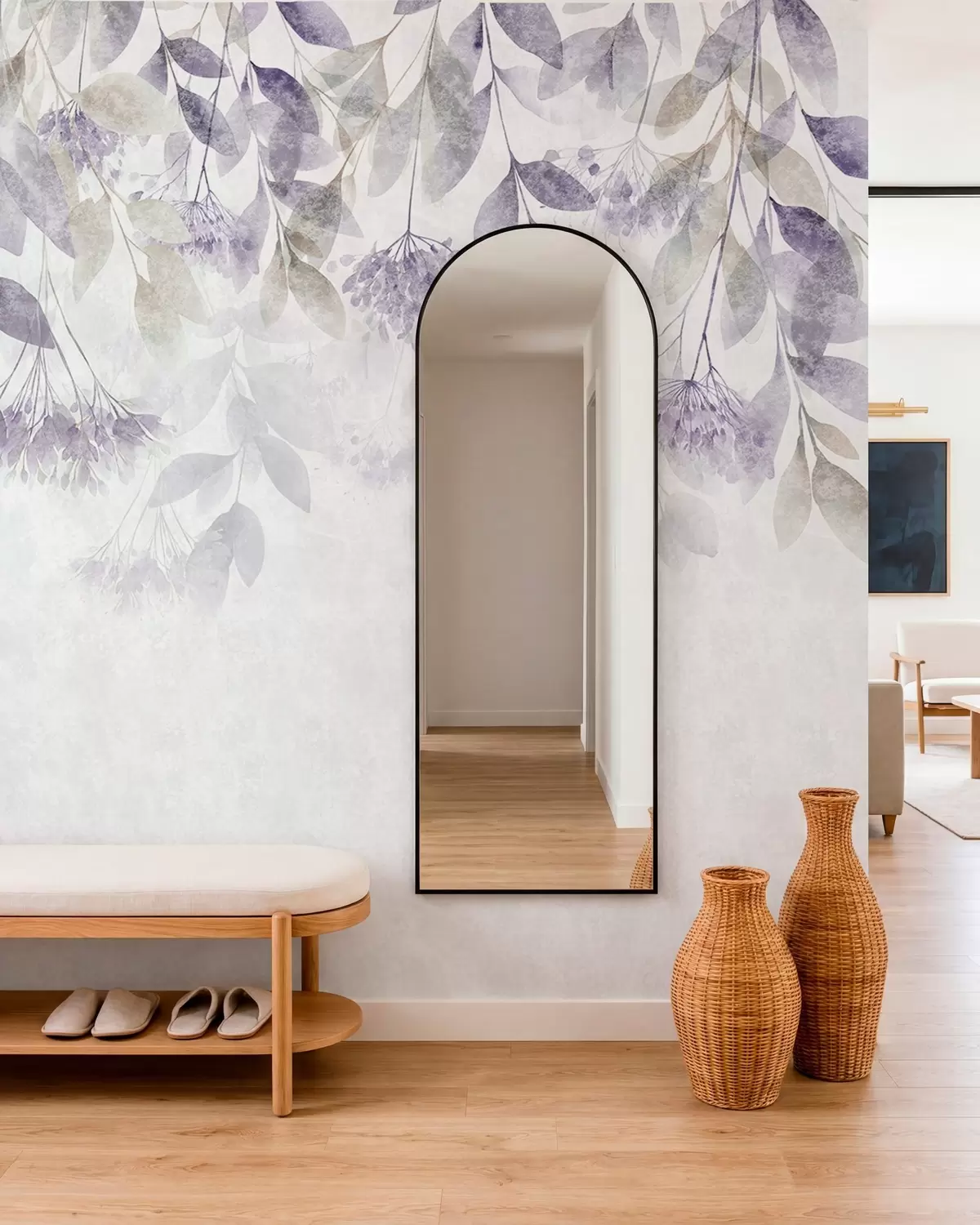 murais de parede folhas texturizadas e em cascata com flores em tons de roxo e bege w05565v3