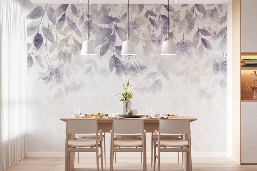 murais de parede folhas texturizadas e em cascata com flores em tons de roxo e bege w05565v3