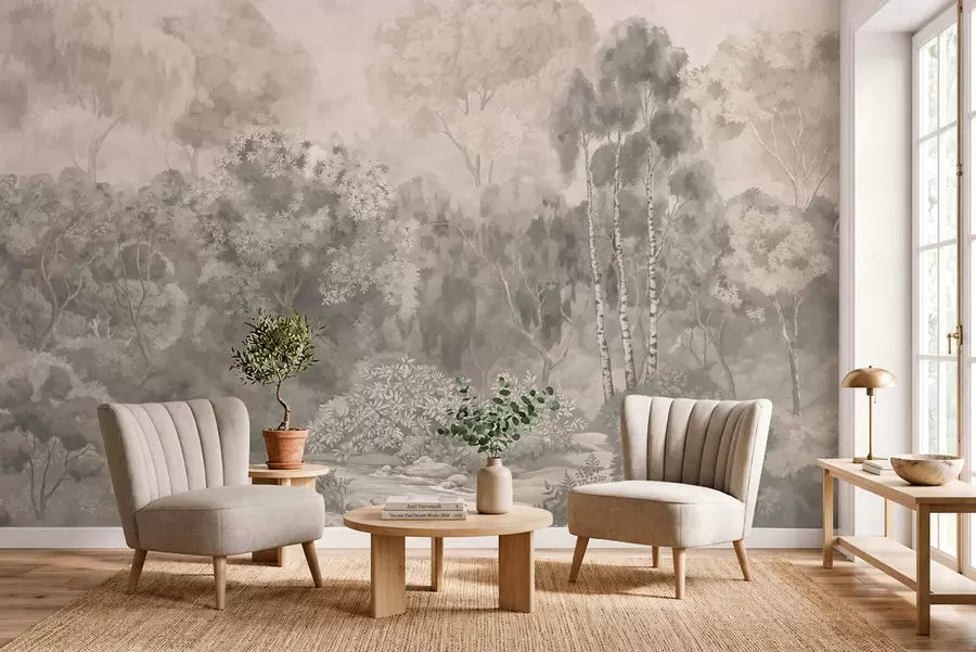 murais de parede Paisagem florestal de tons claros com um rio w05542