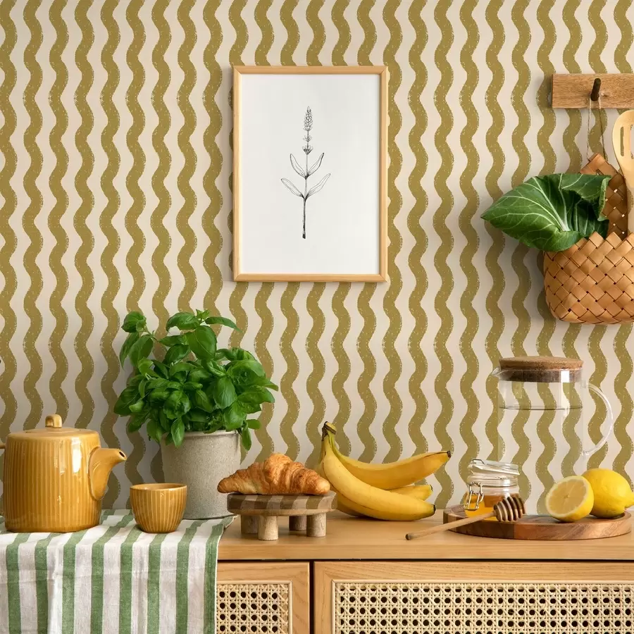 murais de parede Padrão ondulado amarelo sobre fundo creme a01188v5