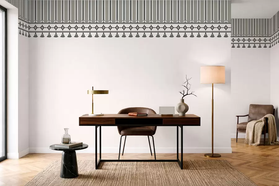 murais de parede Borda decorativa com borlas em tons de verde e cinza w05544v2