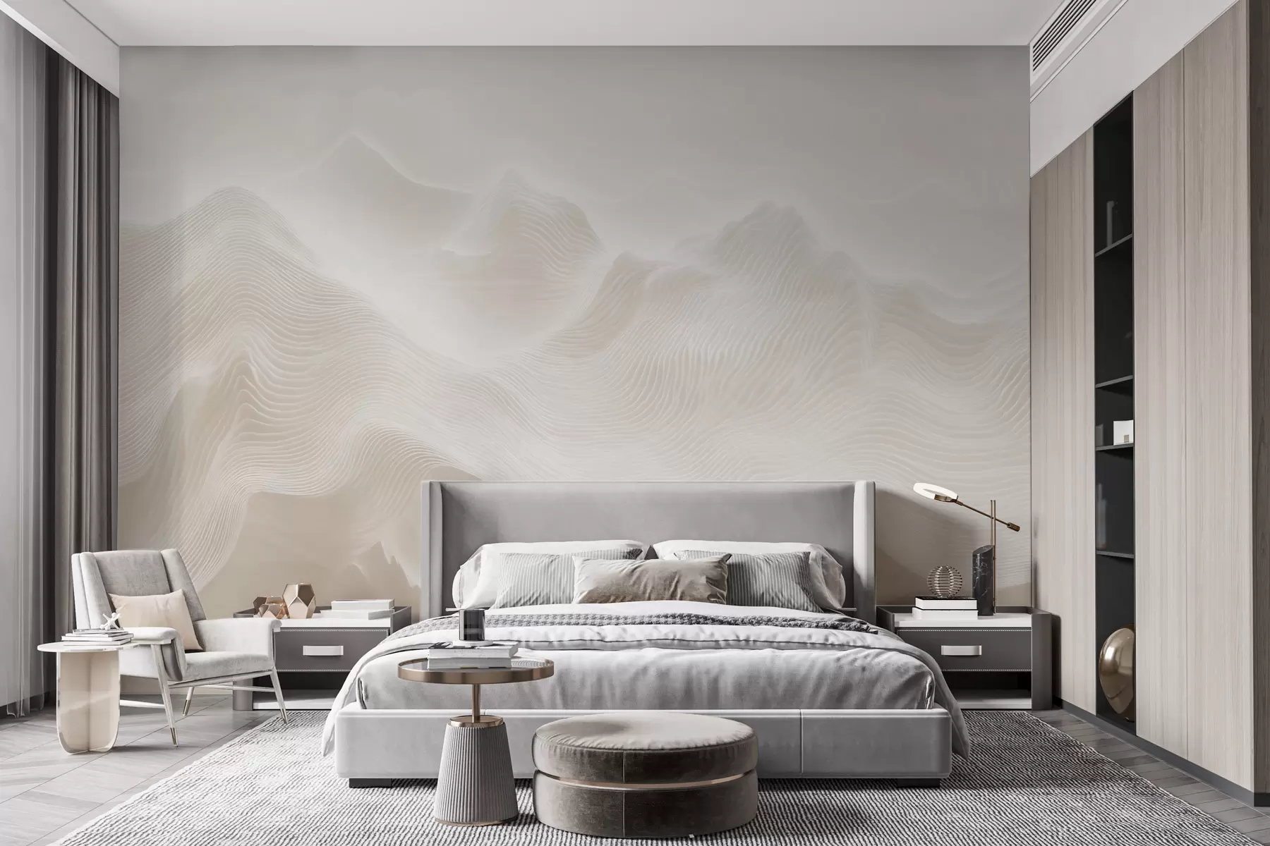 murais de parede Montanhas abstratas onduladas em tons de bege, em estilo minimalista w09713