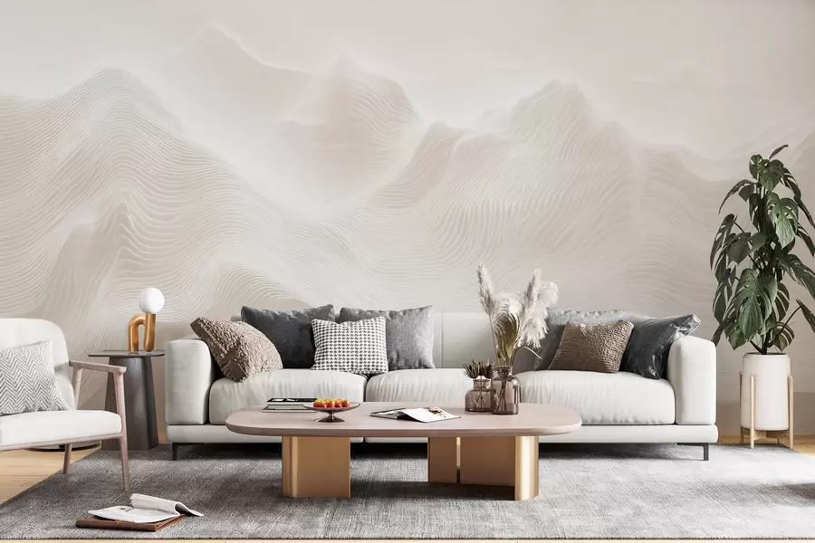 murais de parede Montanhas abstratas onduladas em tons de bege, em estilo minimalista w09713