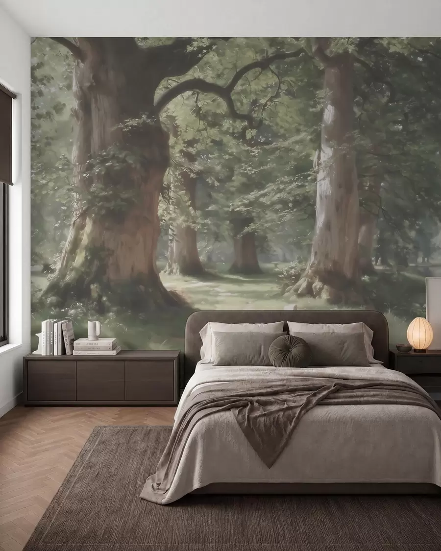 murais de parede Paisagem de floresta de conto de fadas em uma suave paleta de tons de verde e bege, em estilo pictórico w09845
