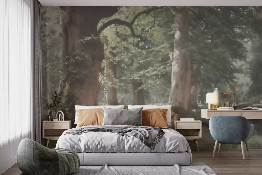 murais de parede Paisagem de floresta de conto de fadas em uma suave paleta de tons de verde e bege, em estilo pictórico w09845