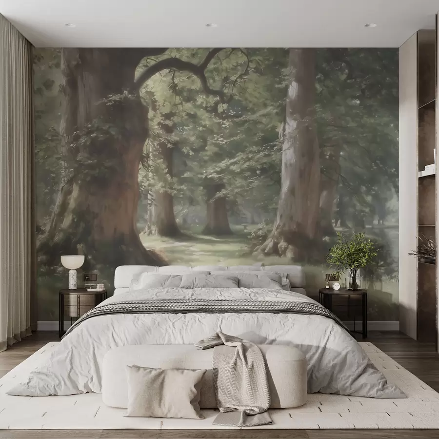 murais de parede Paisagem de floresta de conto de fadas em uma suave paleta de tons de verde e bege, em estilo pictórico w09845