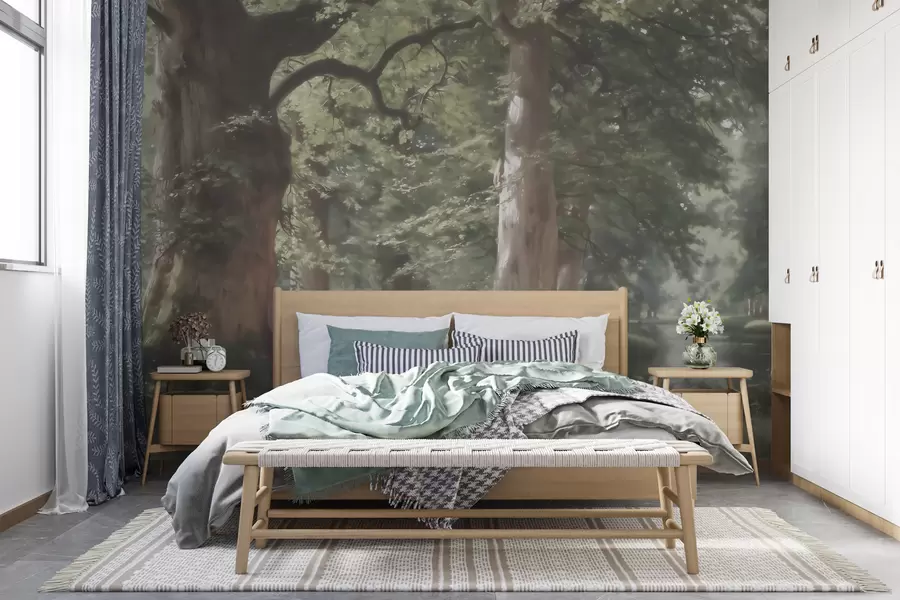 murais de parede Paisagem de floresta de conto de fadas em uma suave paleta de tons de verde e bege, em estilo pictórico w09845