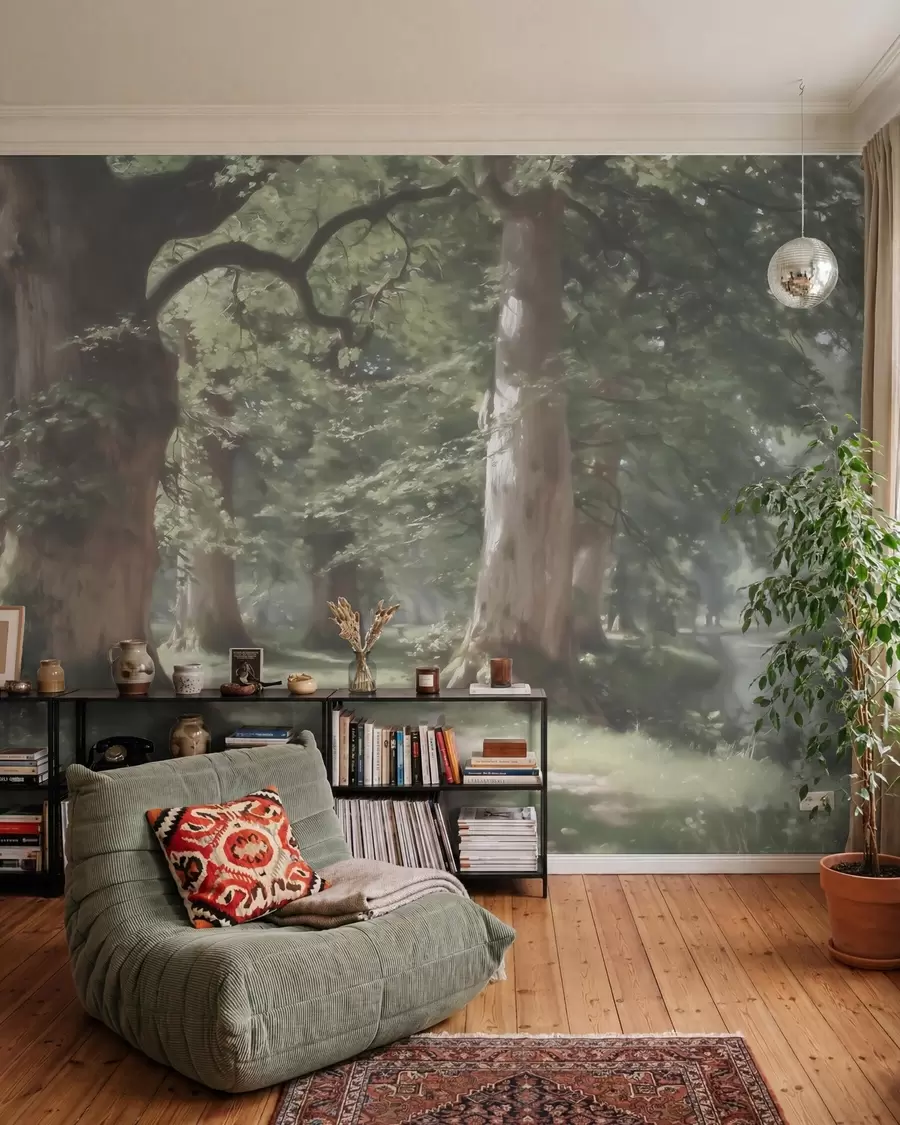 murais de parede Paisagem de floresta de conto de fadas em uma suave paleta de tons de verde e bege, em estilo pictórico w09845