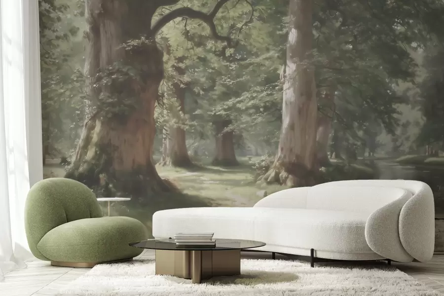 murais de parede Paisagem de floresta de conto de fadas em uma suave paleta de tons de verde e bege, em estilo pictórico w09845