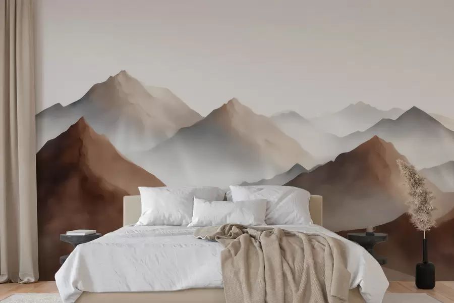 murais de parede Picos de montanhas enevoados em tons de bege e marrom, em estilo aquarela w09857
