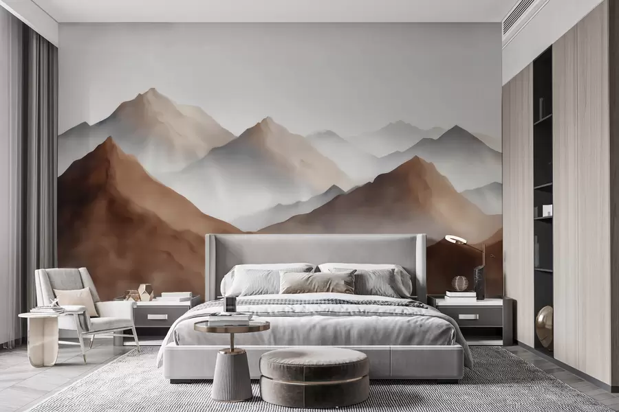 murais de parede Picos de montanhas enevoados em tons de bege e marrom, em estilo aquarela w09857