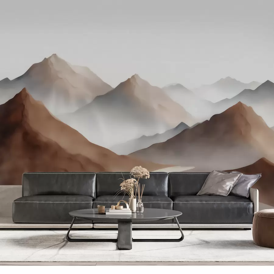 murais de parede Picos de montanhas enevoados em tons de bege e marrom, em estilo aquarela w09857