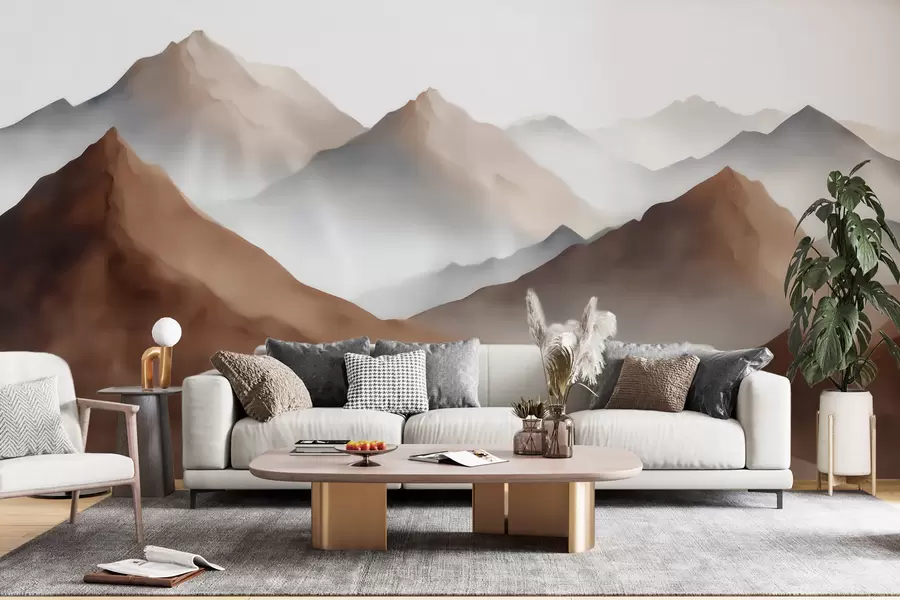 murais de parede Picos de montanhas enevoados em tons de bege e marrom, em estilo aquarela w09857