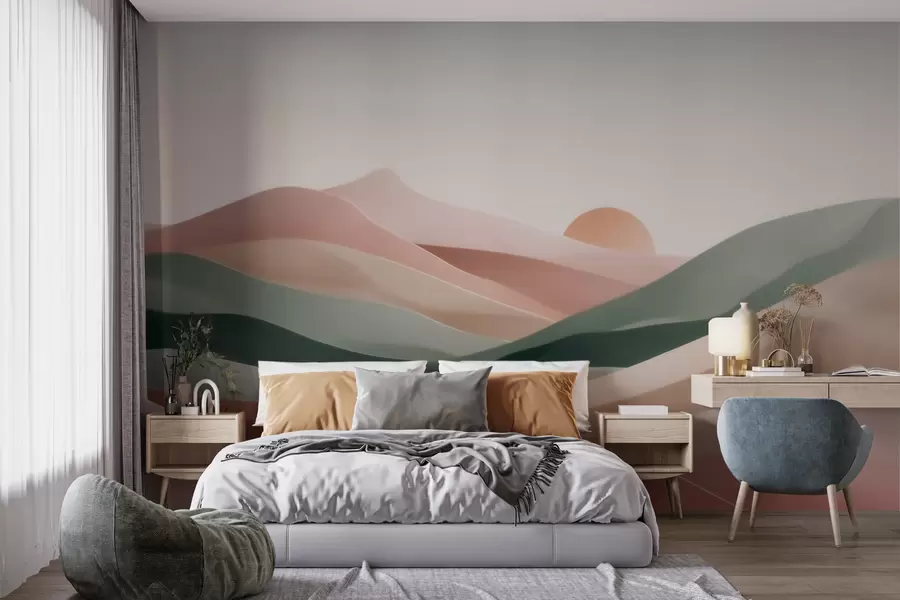 murais de parede Paisagem desértica abstrata em uma paleta de tons pastéis de verde e rosa, minimalismo w09860