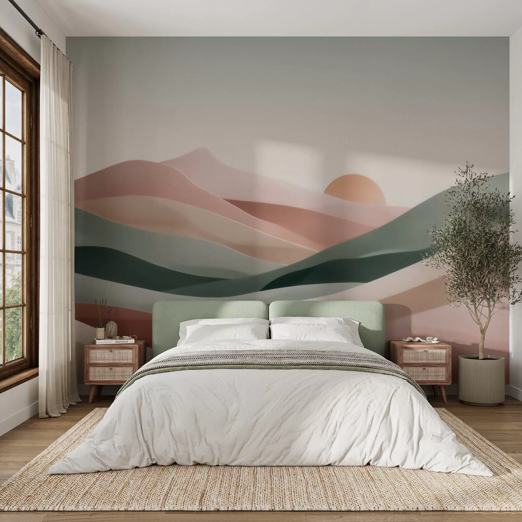 murais de parede Paisagem desértica abstrata em uma paleta de tons pastéis de verde e rosa, minimalismo w09860