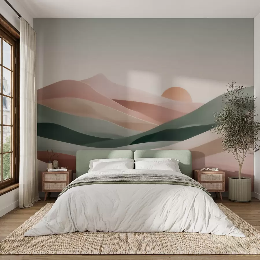 murais de parede Paisagem desértica abstrata em uma paleta de tons pastéis de verde e rosa, minimalismo w09860