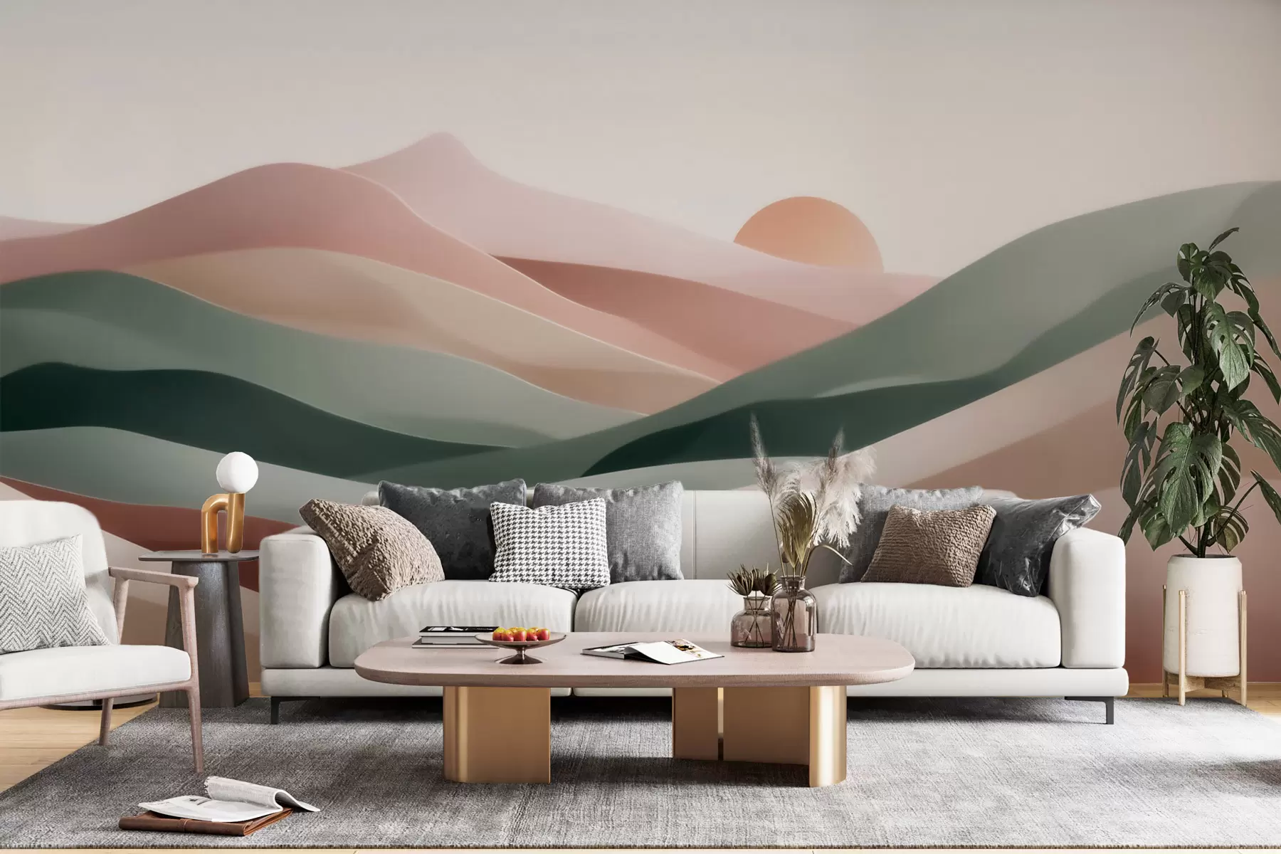 murais de parede Paisagem desértica abstrata em uma paleta de tons pastéis de verde e rosa, minimalismo w09860