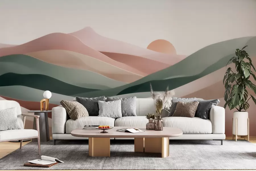murais de parede Paisagem desértica abstrata em uma paleta de tons pastéis de verde e rosa, minimalismo w09860