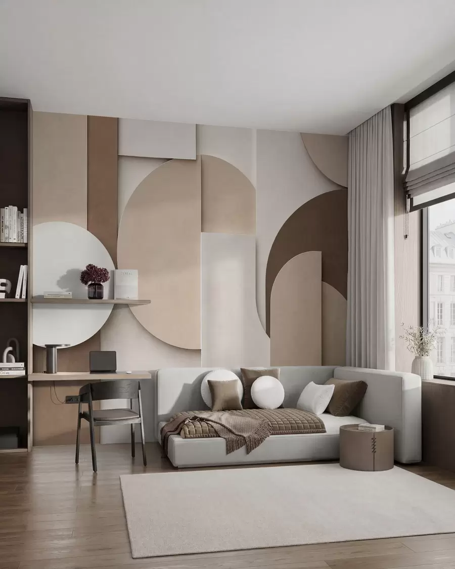 murais de parede Formas geométricas bege texturizadas em uma composição 3D em camadas, arte de parede minimalista e moderna w05598
