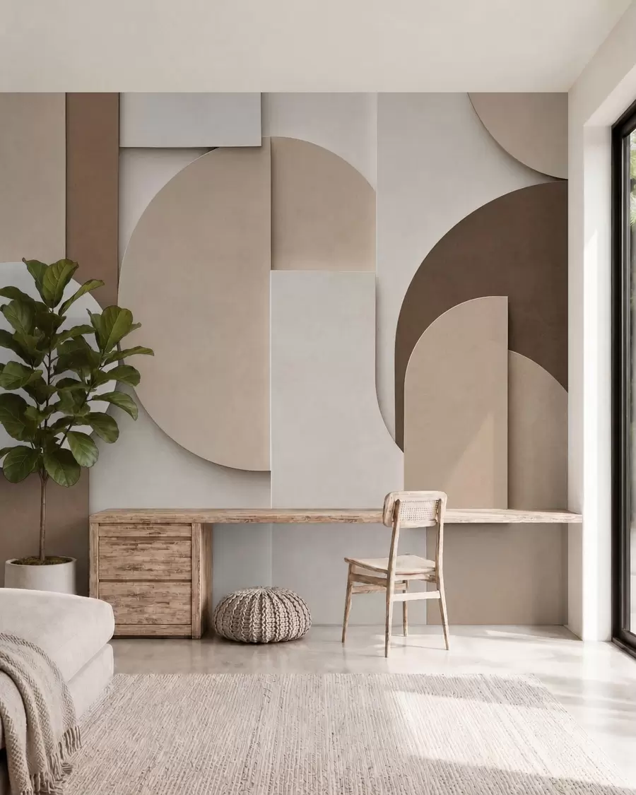 murais de parede Formas geométricas bege texturizadas em uma composição 3D em camadas, arte de parede minimalista e moderna w05598