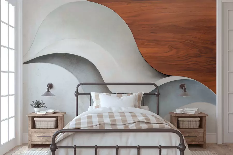murais de parede Ondas abstratas fluidas com toques aconchegantes de madeira, em um design contemporâneo minimalista w05599