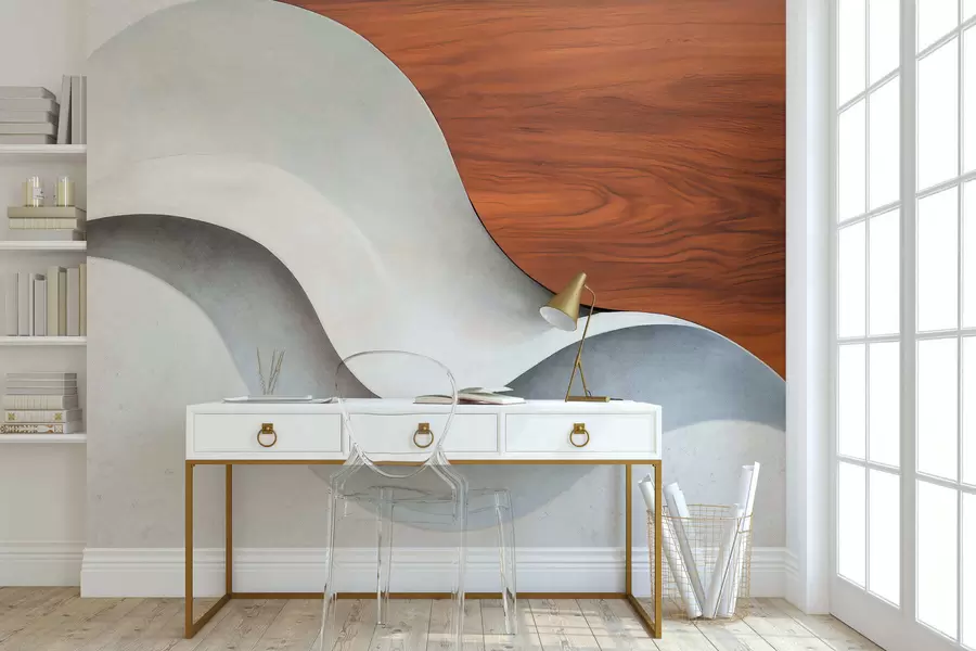 murais de parede Ondas abstratas fluidas com toques aconchegantes de madeira, em um design contemporâneo minimalista w05599