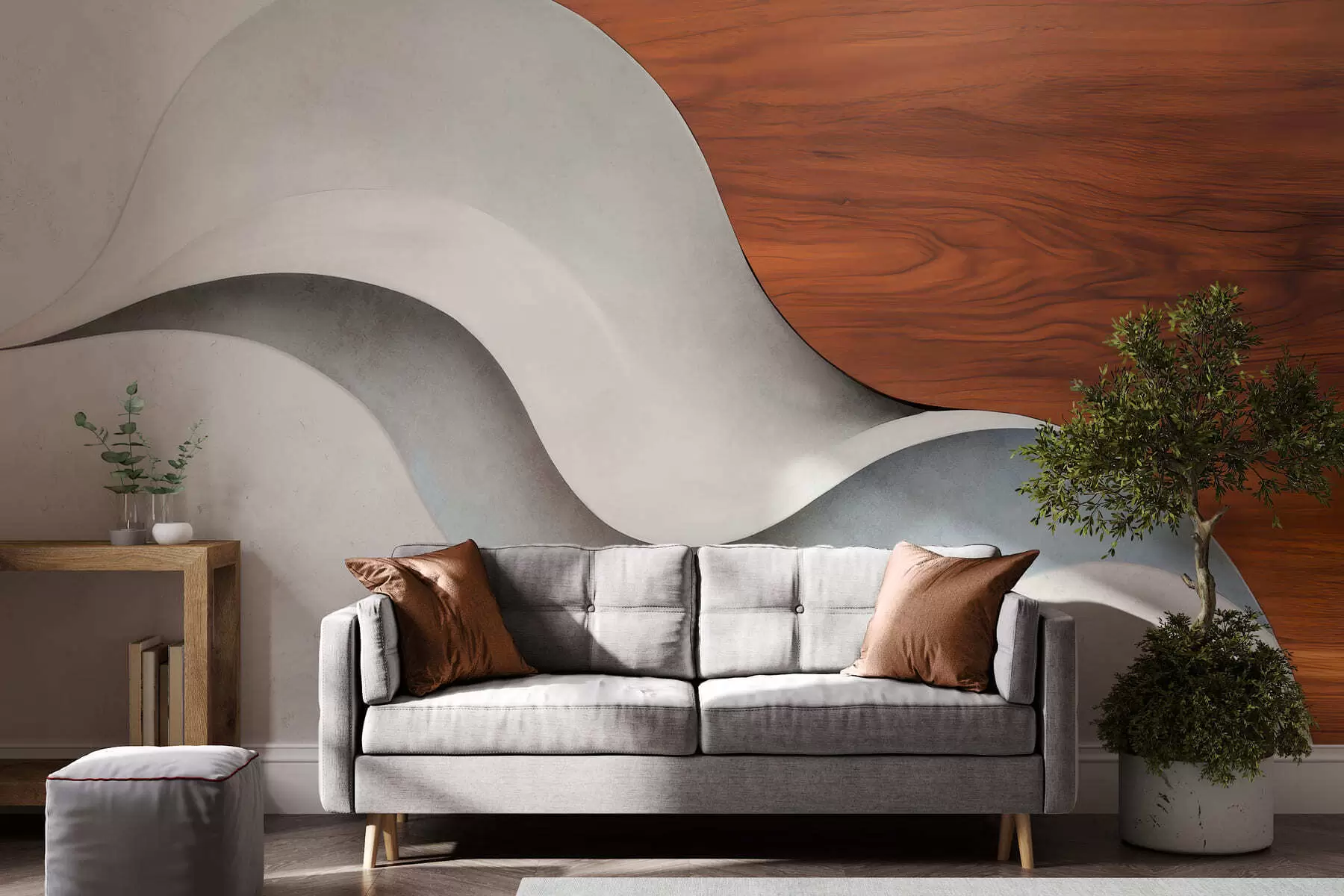 murais de parede Ondas abstratas fluidas com toques aconchegantes de madeira, em um design contemporâneo minimalista w05599