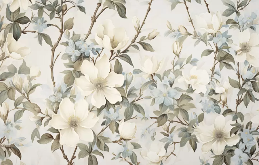murais de parede Flores delicadas e folhas verdes suaves num estilo vintage pictórico, com pinceladas sutis w05601