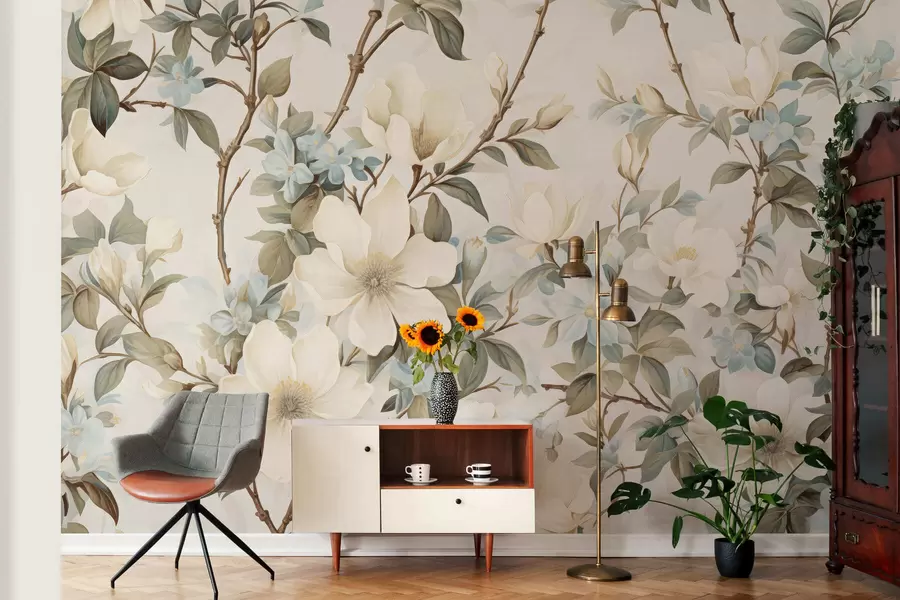 murais de parede Flores delicadas e folhas verdes suaves num estilo vintage pictórico, com pinceladas sutis w05601