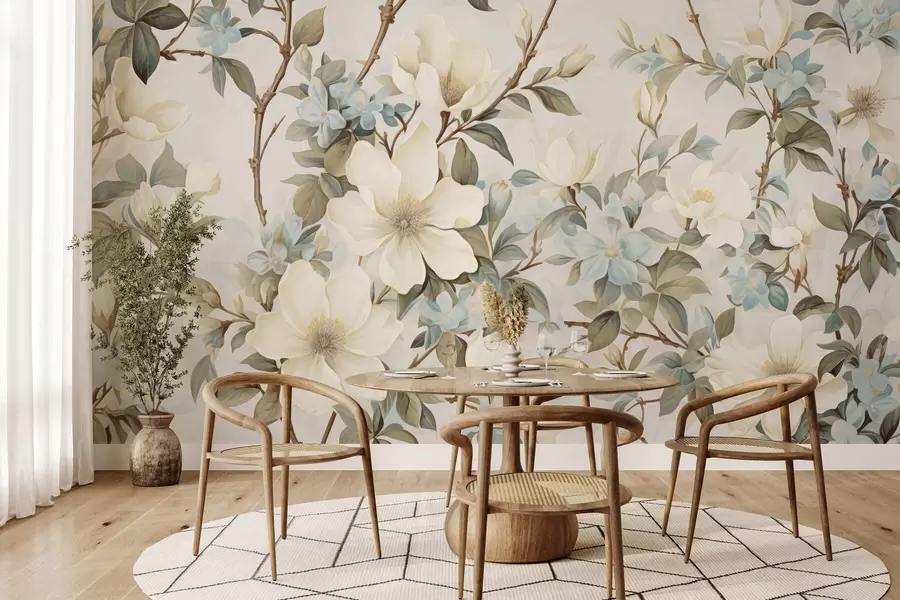 murais de parede Flores delicadas e folhas verdes suaves num estilo vintage pictórico, com pinceladas sutis w05601