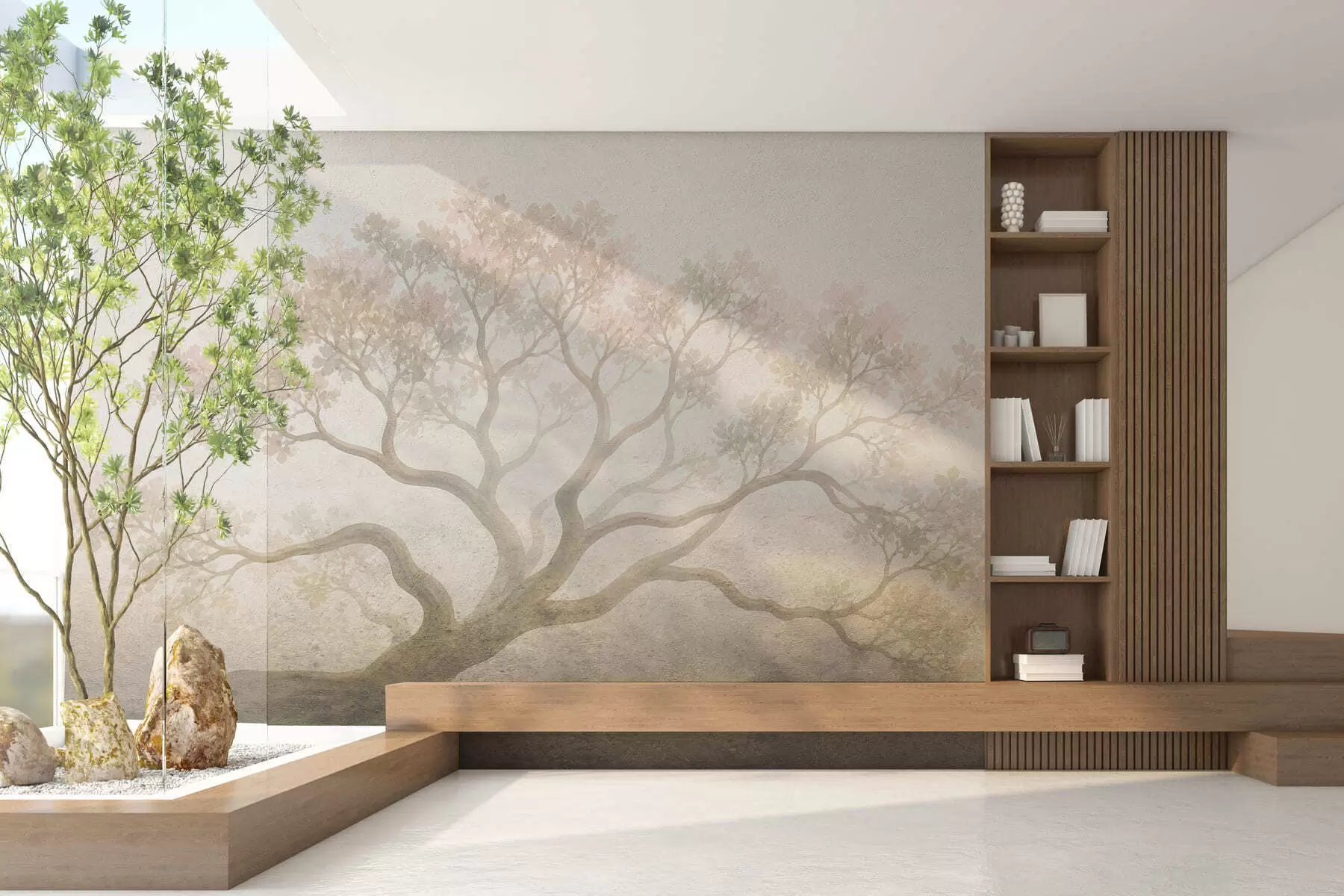 murais de parede Paisagem minimalista de árvores envoltas em névoa em suaves tons de bege, arte atmosférica e onírica w05602