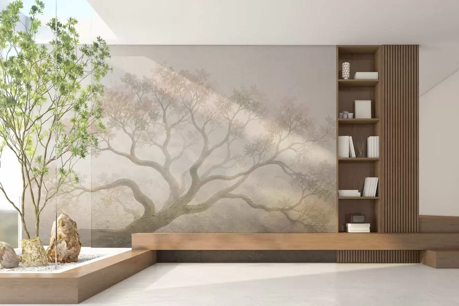 murais de parede Paisagem minimalista de árvores envoltas em névoa em suaves tons de bege, arte atmosférica e onírica w05602