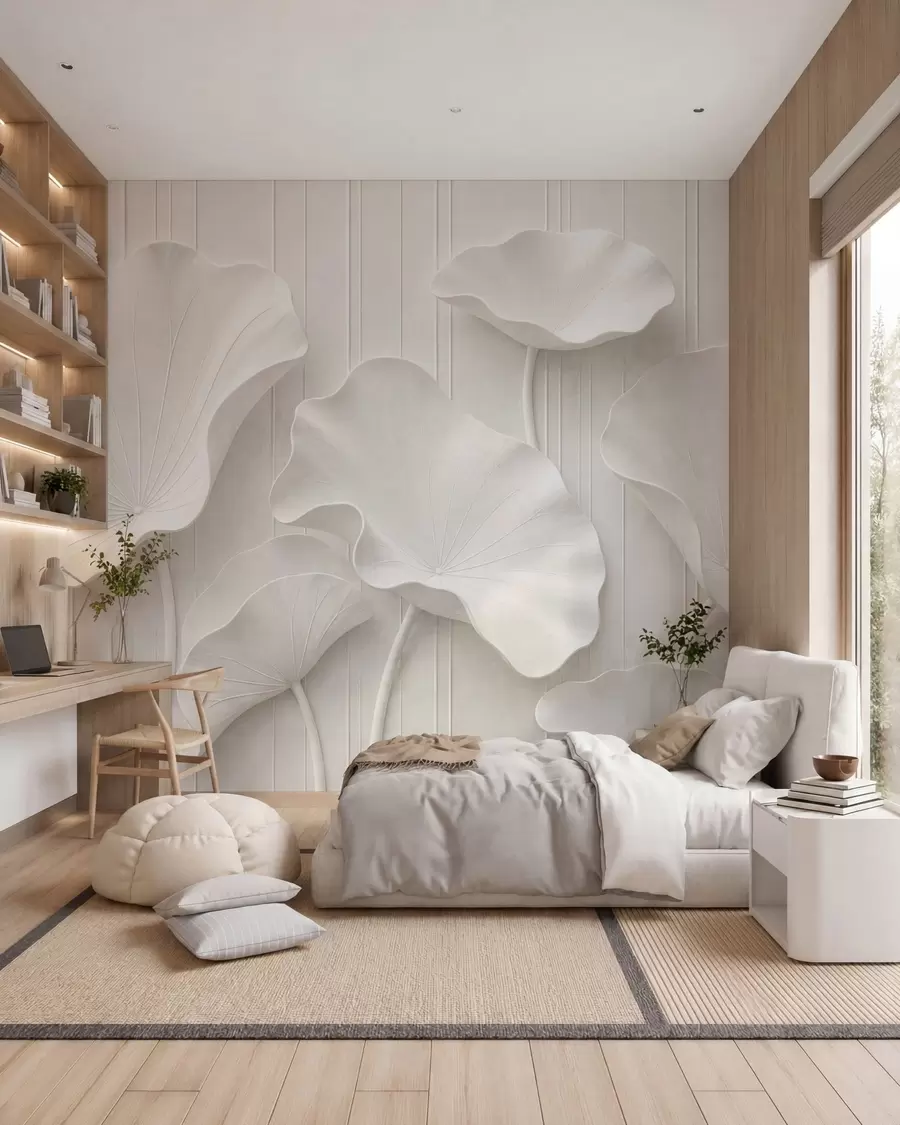 murais de parede Relevo floral escultural branco com pétalas em camadas, elegante decoração de parede em 3D w05604