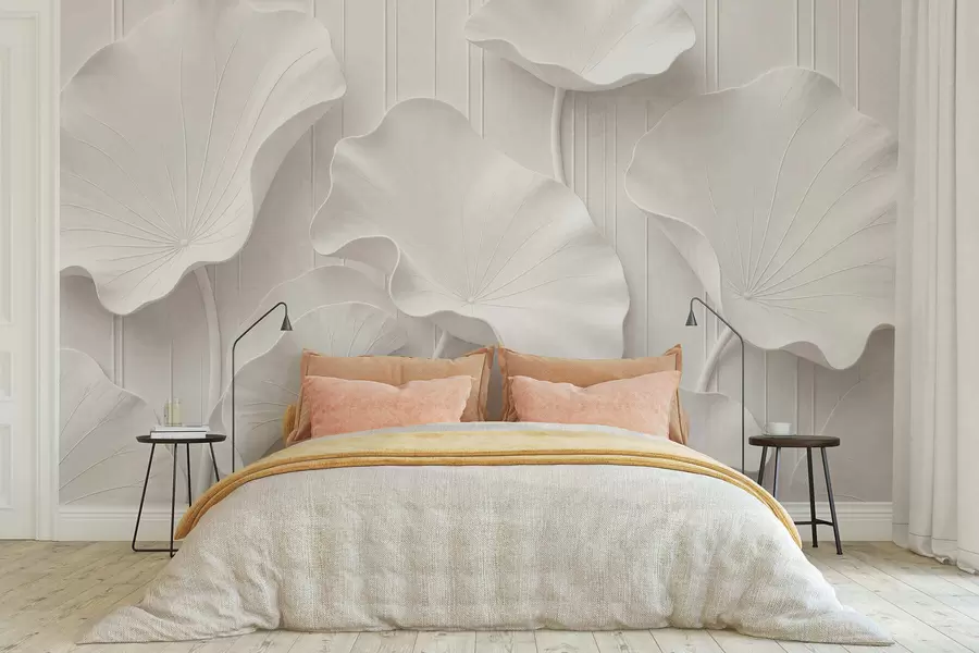 murais de parede Relevo floral escultural branco com pétalas em camadas, elegante decoração de parede em 3D w05604