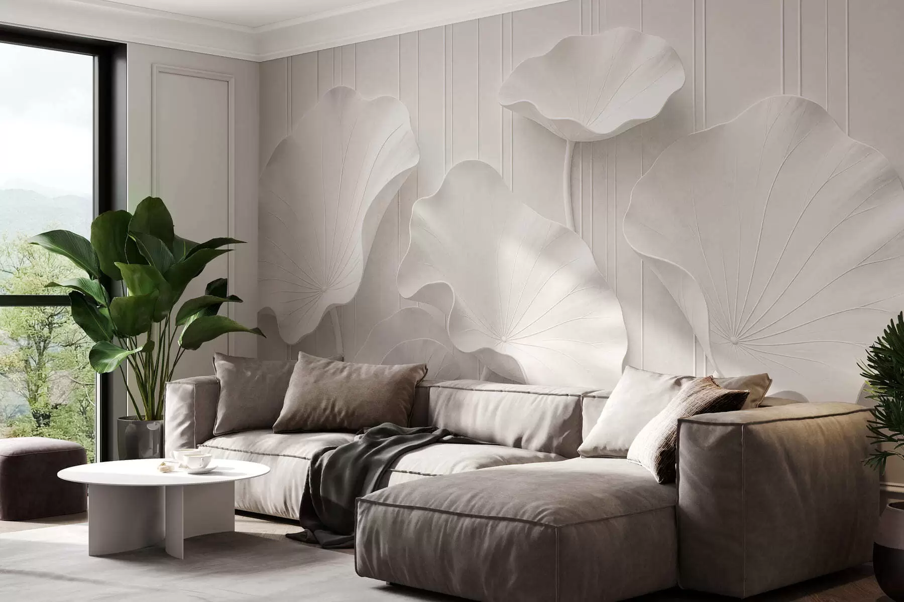 murais de parede Relevo floral escultural branco com pétalas em camadas, elegante decoração de parede em 3D w05604