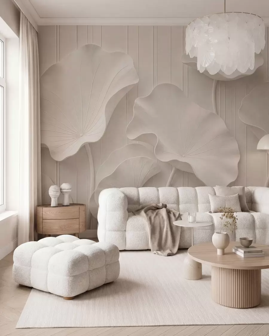 murais de parede Relevo floral escultural branco com pétalas em camadas, elegante decoração de parede em 3D w05604
